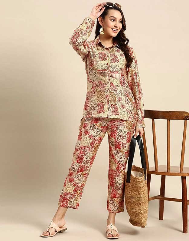 Cream and Red Chanderi Silk Co-ord Set