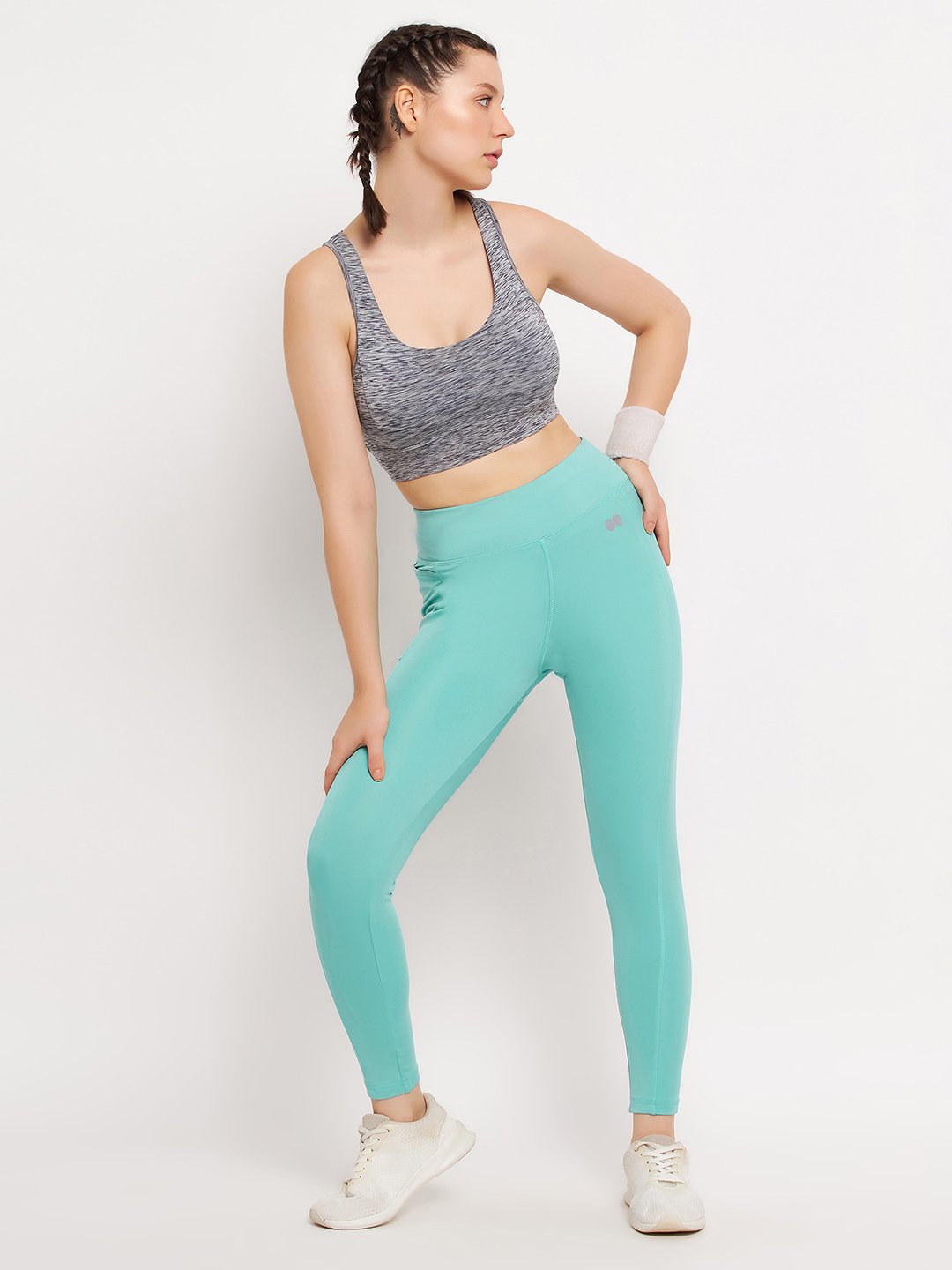 High Rise Printed Active Tights in Mint Green with Side Pocket