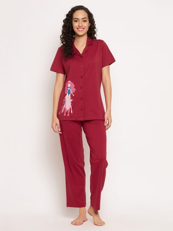 Leo Print Button Down Shirt & Pyjama Set in Maroon - 100% Cotton