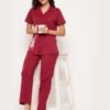 Leo Print Button Down Shirt & Pyjama Set in Maroon - 100% Cotton - Image 2