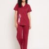 Leo Print Button Down Shirt & Pyjama Set in Maroon - 100% Cotton - Image 3