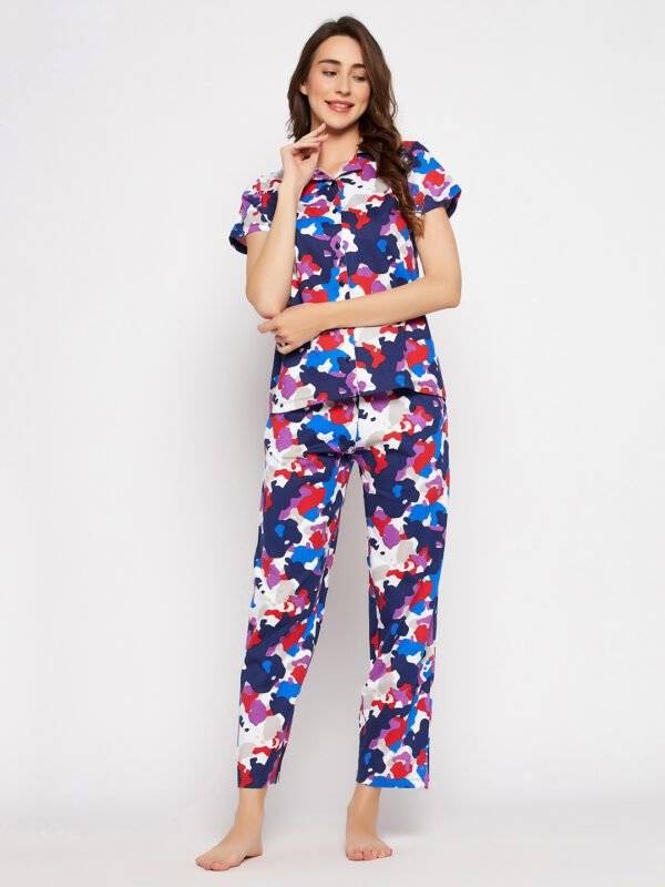 Camouflage Print Button Down Shirt & Pyjama Set in Multicolour - 100% Cotton