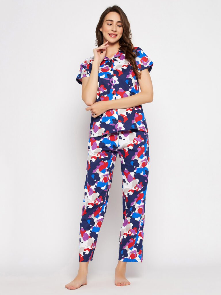 Camouflage Print Button Down Shirt & Pyjama Set in Multicolour – 100% Cotton