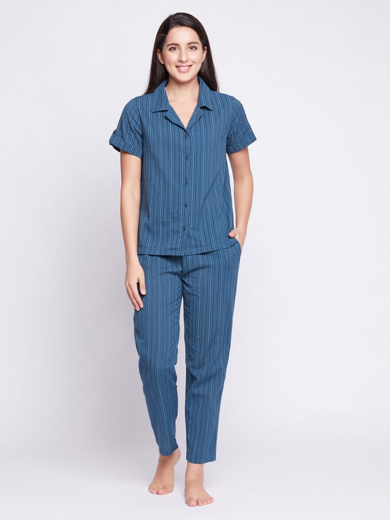 Sassy Stripes Button Down Shirt & Pyjama in Navy – Cotton