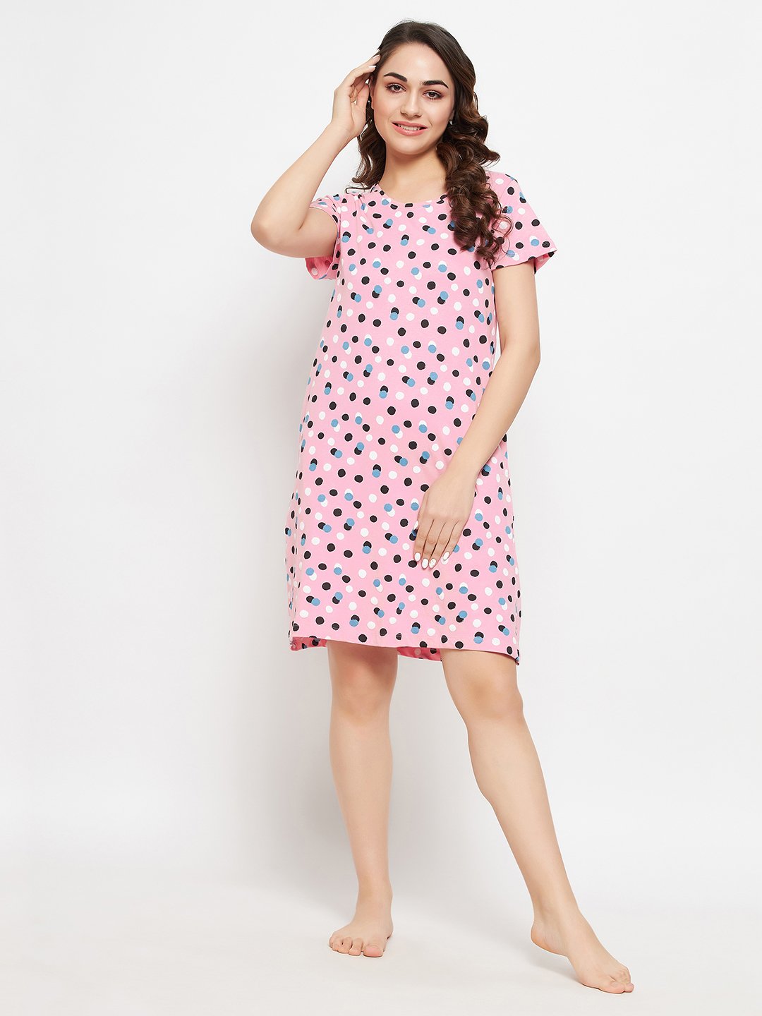 Dot Print Short Night Dress in Baby Pink – 100% Cotton