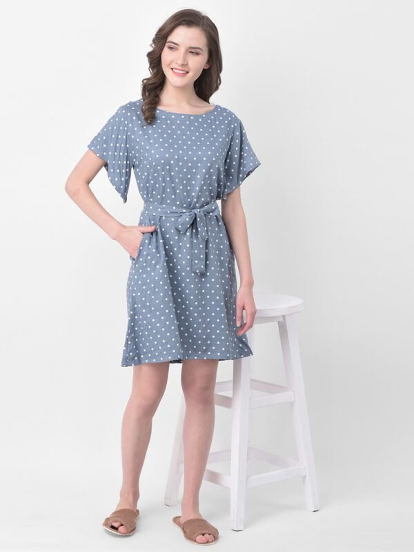 Polka Print Short Night Dress in Grey- Rayon