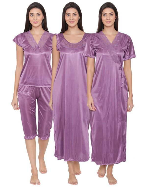 4 Pcs Nightwear In Purple - Satin