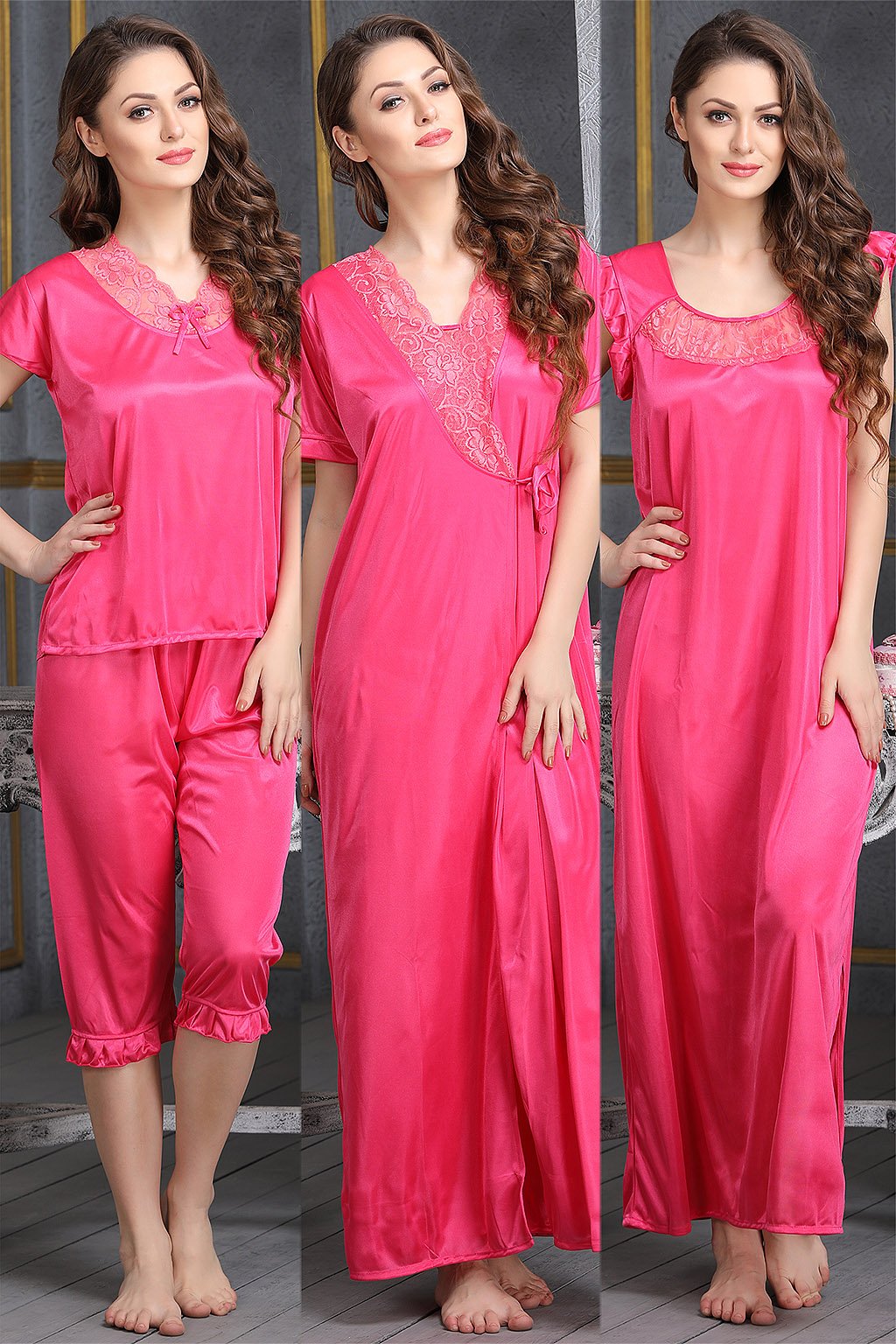 4 Pcs Satin Nightwear In Reddish Pink – Robe, Nightie, Top, Capri