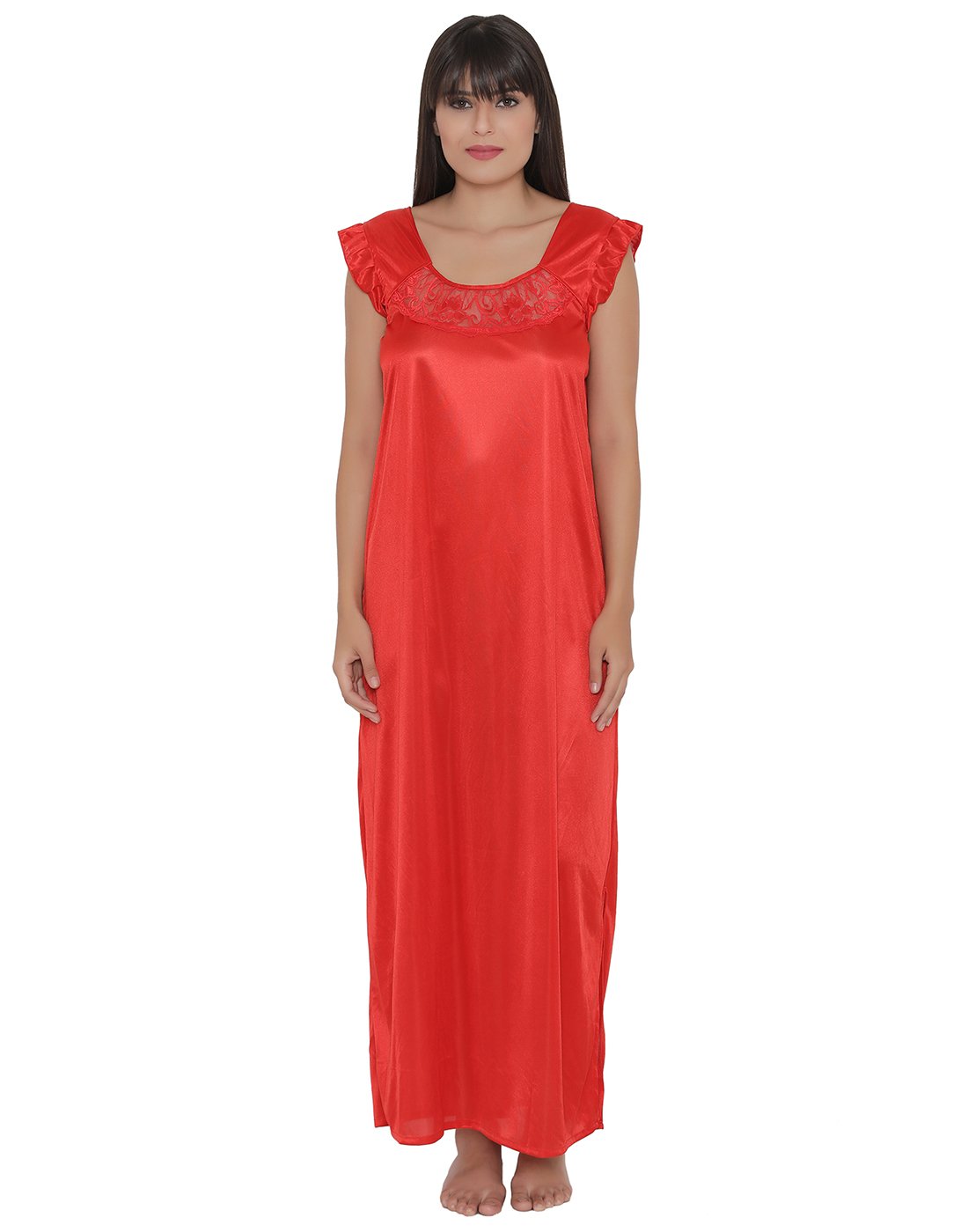 Satin Night Dress with Lace Neckline