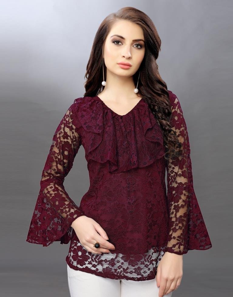 Beguiling Maroon Coloured Net Russell Net Tops