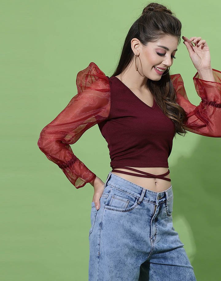 Maroon Puff Sleeve With Strap Top