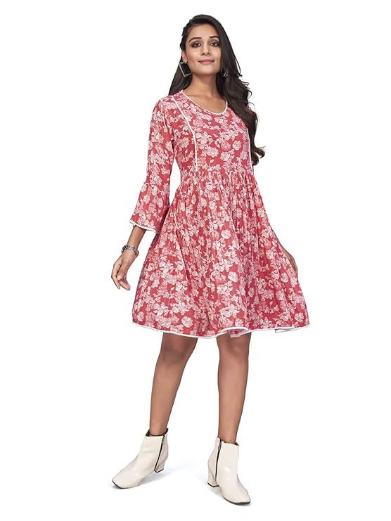 Floral Print Flared Sticthed Dress