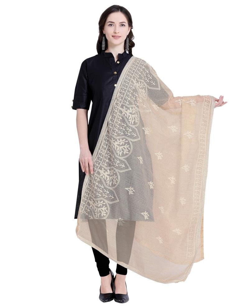 Whimsical Beige Coloured Cotton Thread Embroidered Dupatta