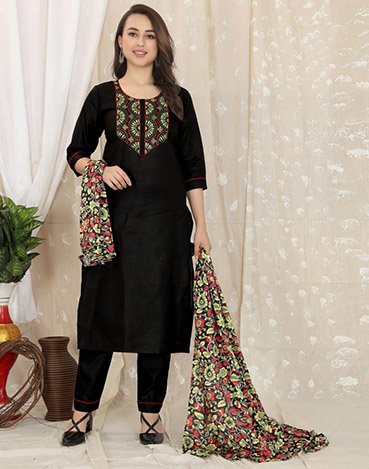 Black Cotton Embroidery Straight Kurta With Pant And Dupatta