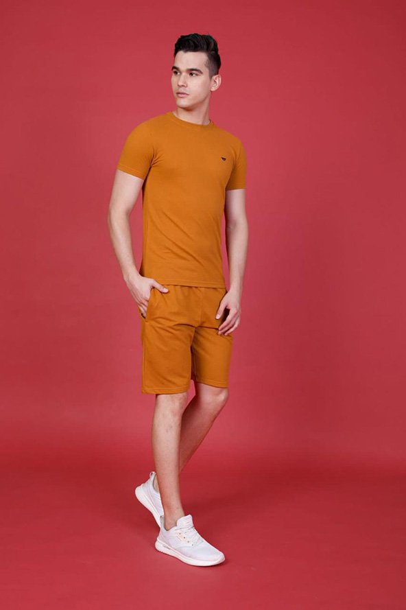 Men’s Cotton T-Shirt and Shorts Coord Set in Rust Orange Color