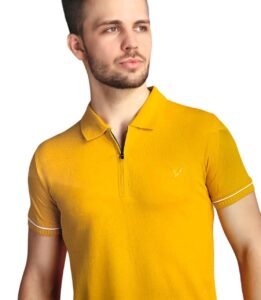 Men’s Yellow Zipper Collar T-Shirt in Tuck Knits Fabric