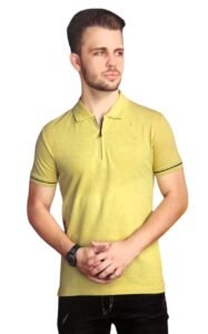 Men’s Light Green Zipper Collar T-Shirt in Tuck Knits Fabric