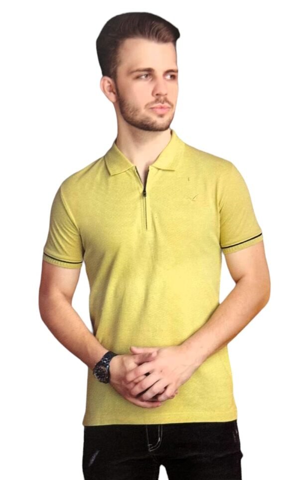 Men's Light Green Zipper Collar T-Shirt in Tuck Knits Fabric