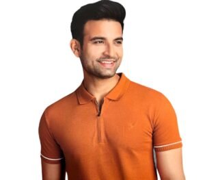Men’s Rust Zipper Collar T-Shirt in Tuck Knits Fabric