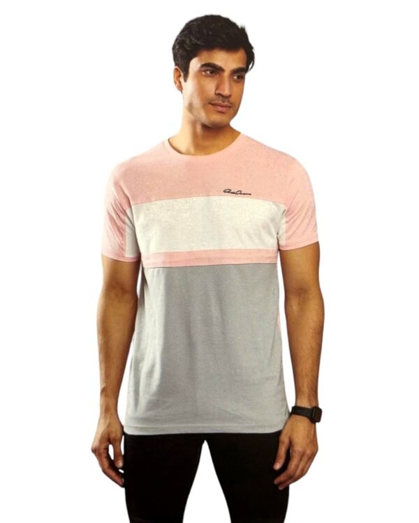 Men's Round Neck Pink and Grey Cotton T-Shirt