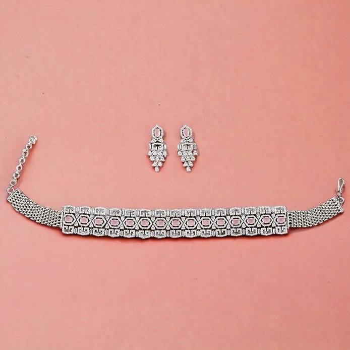 American Diamond Choker Necklace With Rhodium Plating