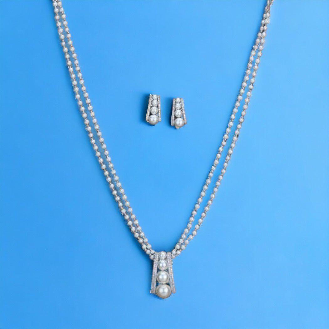 Cubic Zirconia Pearl Pendant Set With 2 Tone Rhodium Plating