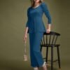 Light Navy Blue Puff Sleeve Solid Co-Ords Set - Image 7