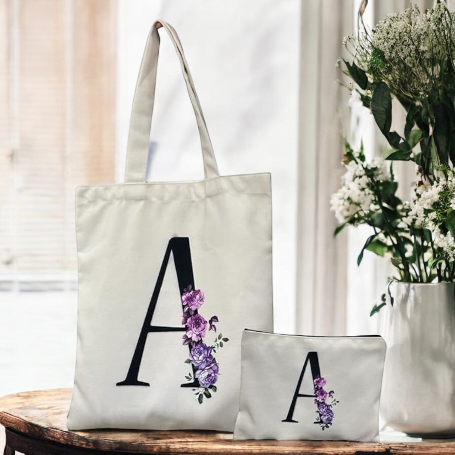 Floral Tote Bag with Matching Pouch (A)