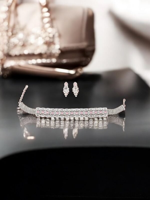 American Diamond Choker Necklace With Rhodium Plating - Pink