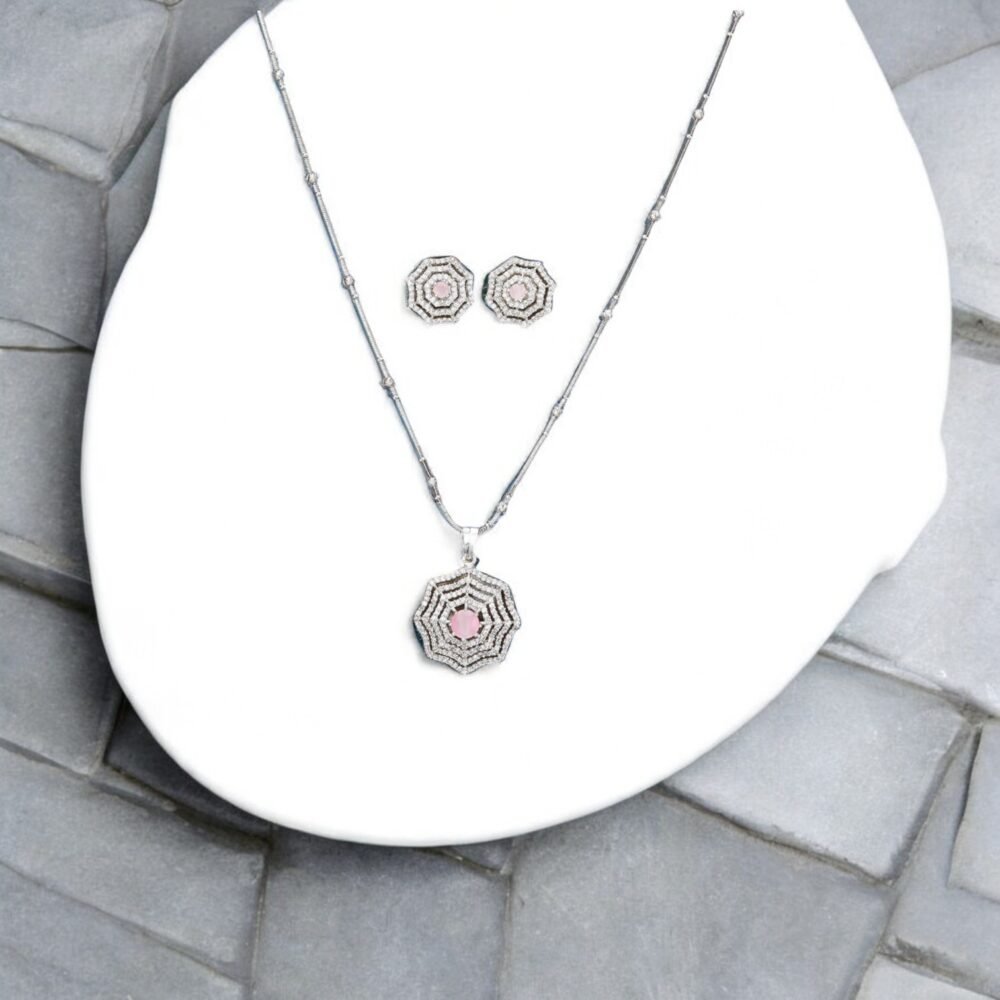 American Diamond Classic Pendant Set With Rhodium Plating - Image 2
