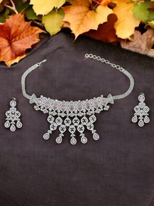 Cz Choker Necklace With Rhodium Plating - Pink