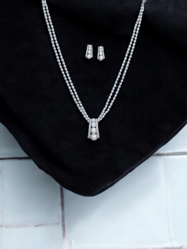 Cubic Zirconia Pearl Pendant Set With 2 Tone Rhodium Plating - Silver