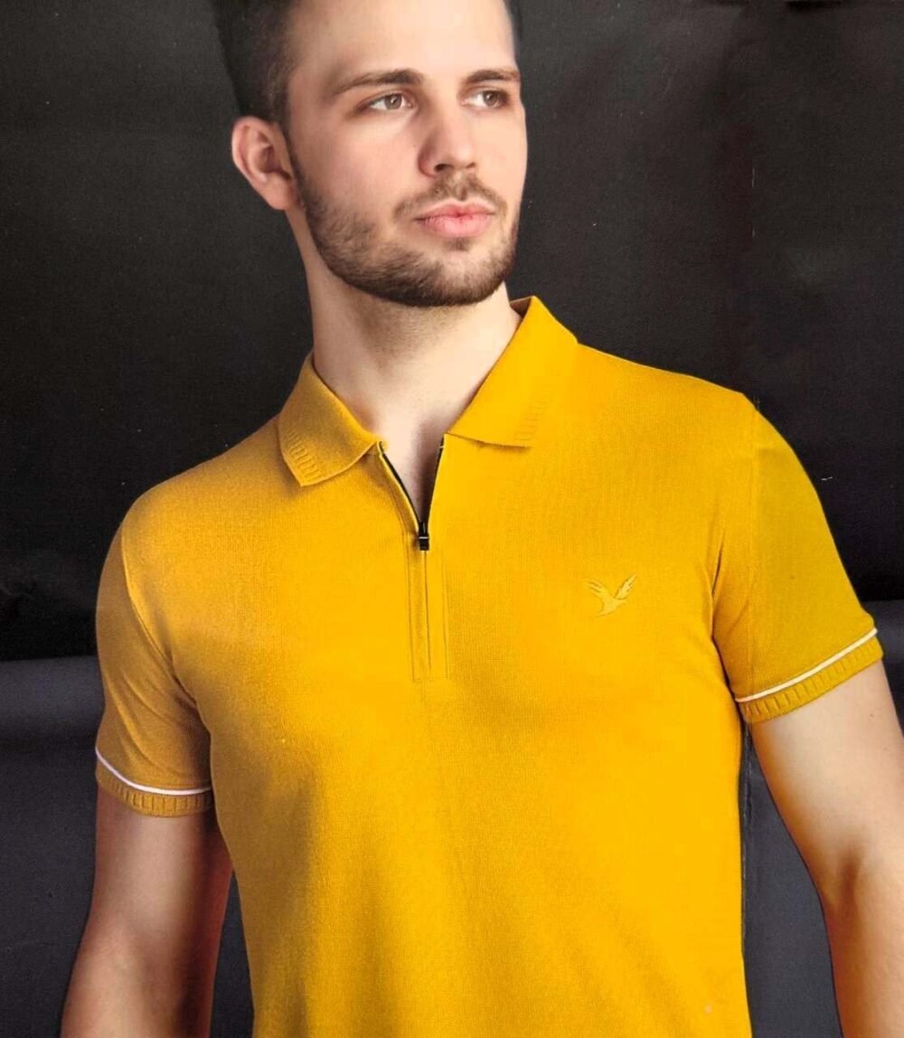 Men's Yellow Zipper Collar T-Shirt in Tuck Knits Fabric - Image 2