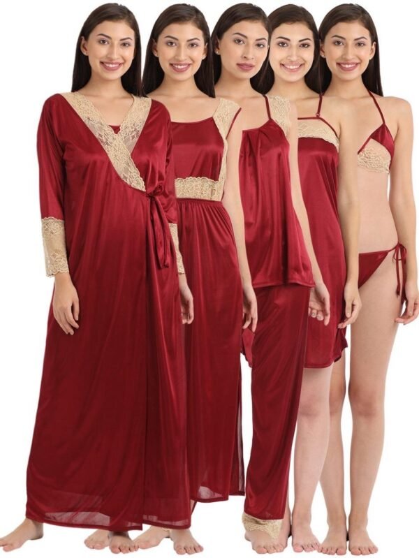 7 Pc Nightwear Set in Maroon - Satin - Image 6