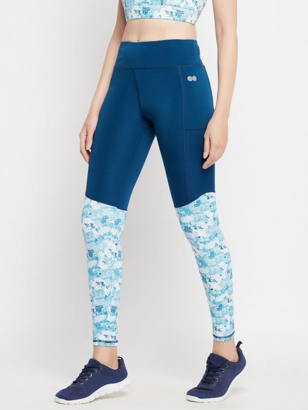 High-Rise Printed Active Tights in Teal Blue with Side Pocket - Image 4