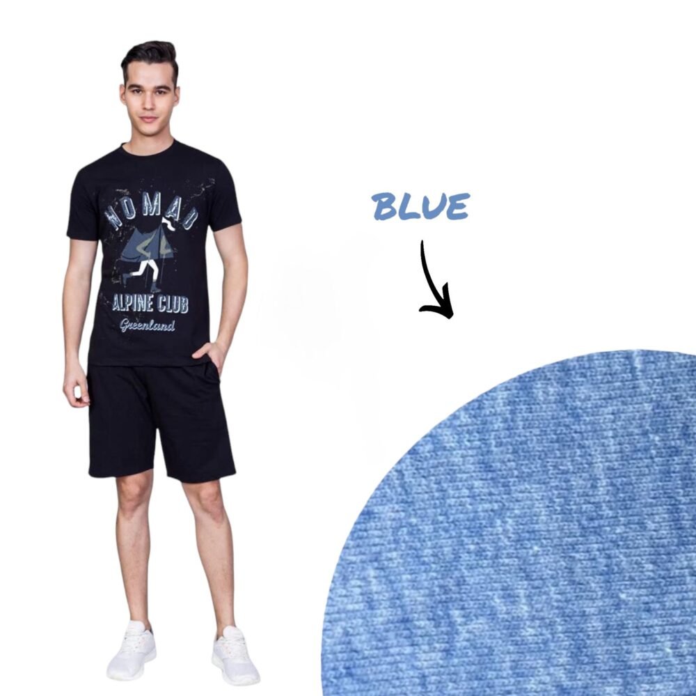 Mens Cotton T-Shirt and Shorts Co-ord Set in Blue, Green & Grey - Image 2
