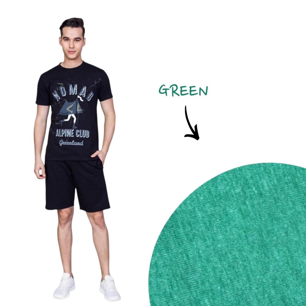 Mens Cotton T-Shirt and Shorts Co-ord Set in Blue, Green & Grey - Image 3