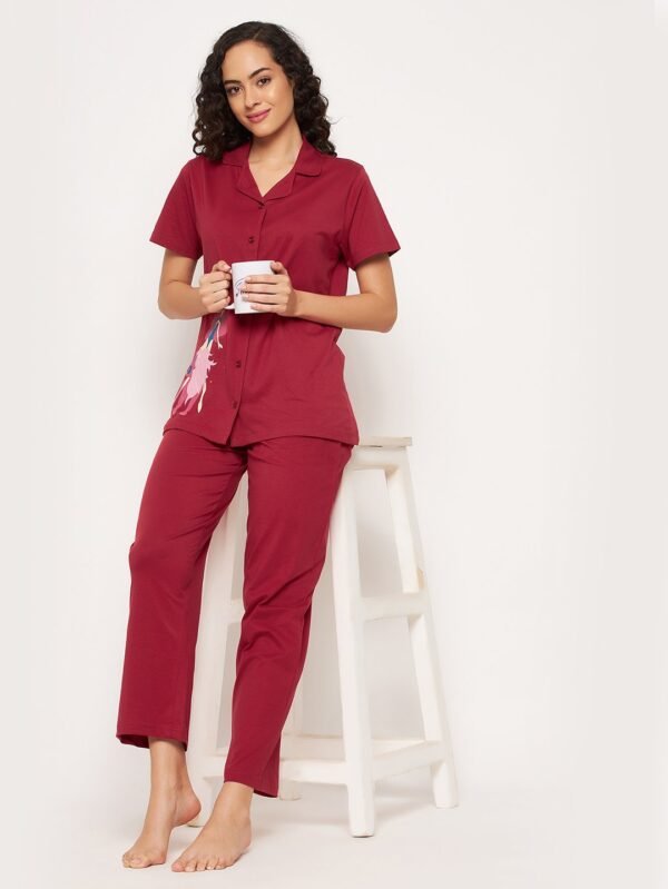 Leo Print Button Down Shirt & Pyjama Set in Maroon - 100% Cotton - Image 2