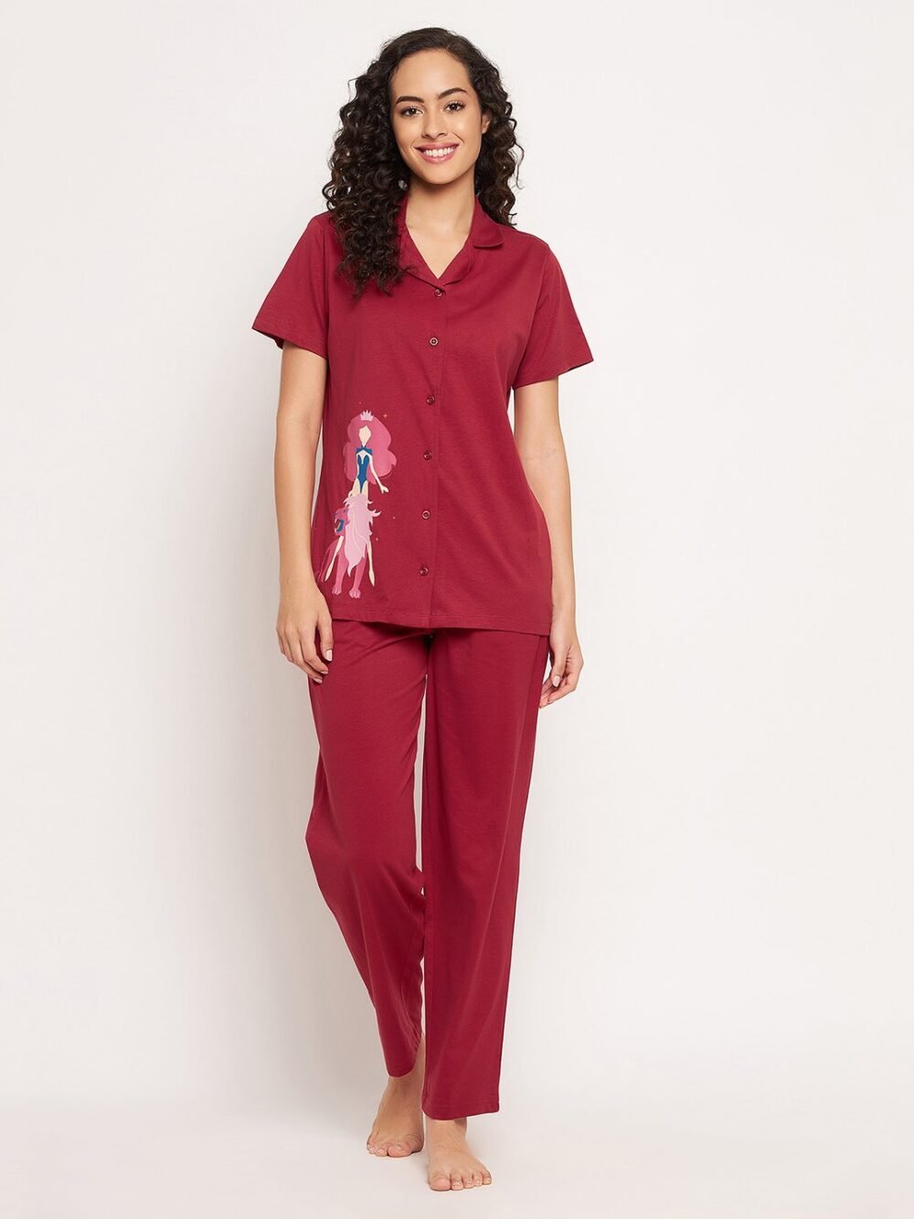 Leo Print Button Down Shirt & Pyjama Set in Maroon - 100% Cotton - Image 3
