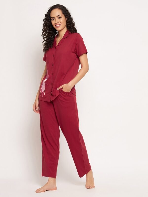 Leo Print Button Down Shirt & Pyjama Set in Maroon - 100% Cotton - Image 4