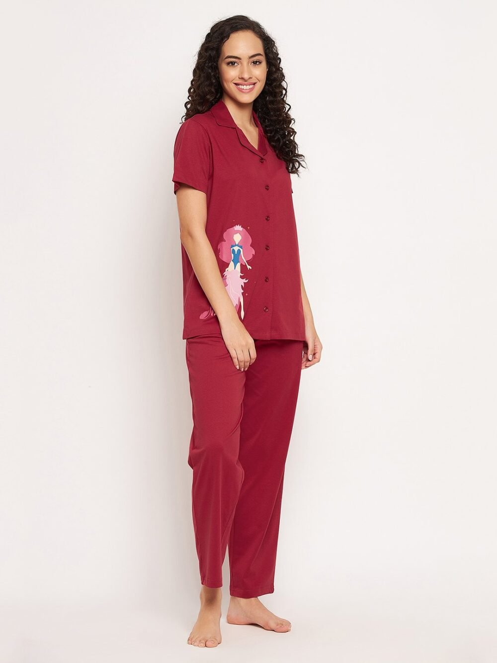 Leo Print Button Down Shirt & Pyjama Set in Maroon - 100% Cotton - Image 5