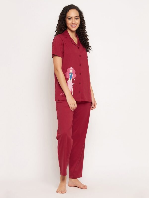 Leo Print Button Down Shirt & Pyjama Set in Maroon - 100% Cotton - Image 5
