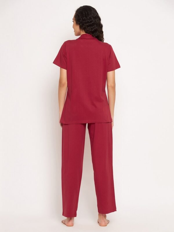 Leo Print Button Down Shirt & Pyjama Set in Maroon - 100% Cotton - Image 6