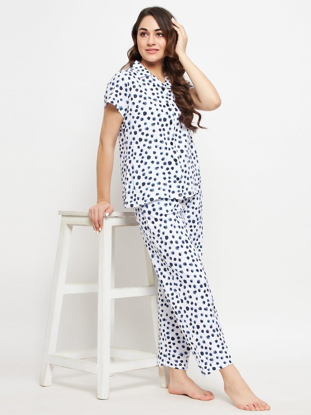Print Me Pretty Button Down Shirt & Pyjama Set in White - 100% Cotton