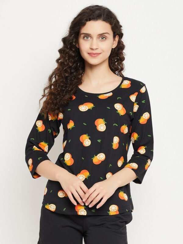 Orange Print Top in Black - 100% Cotton - Image 3