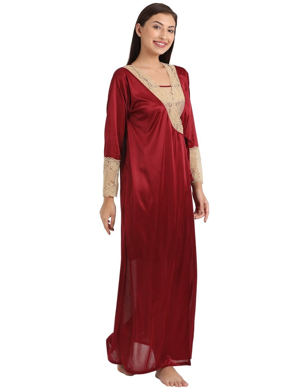 7 Pc Nightwear Set in Maroon - Satin - Image 2