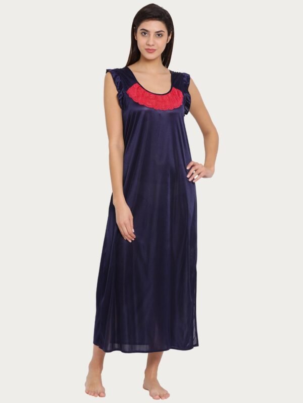 Long Night Dress in Navy with Lace - Satin - Free Size