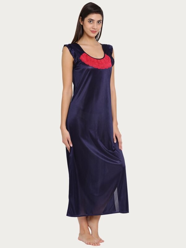 Long Night Dress in Navy with Lace - Satin - Image 2