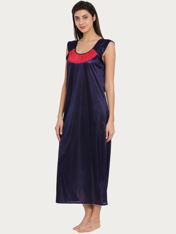 Long Night Dress in Navy with Lace - Satin - Image 3