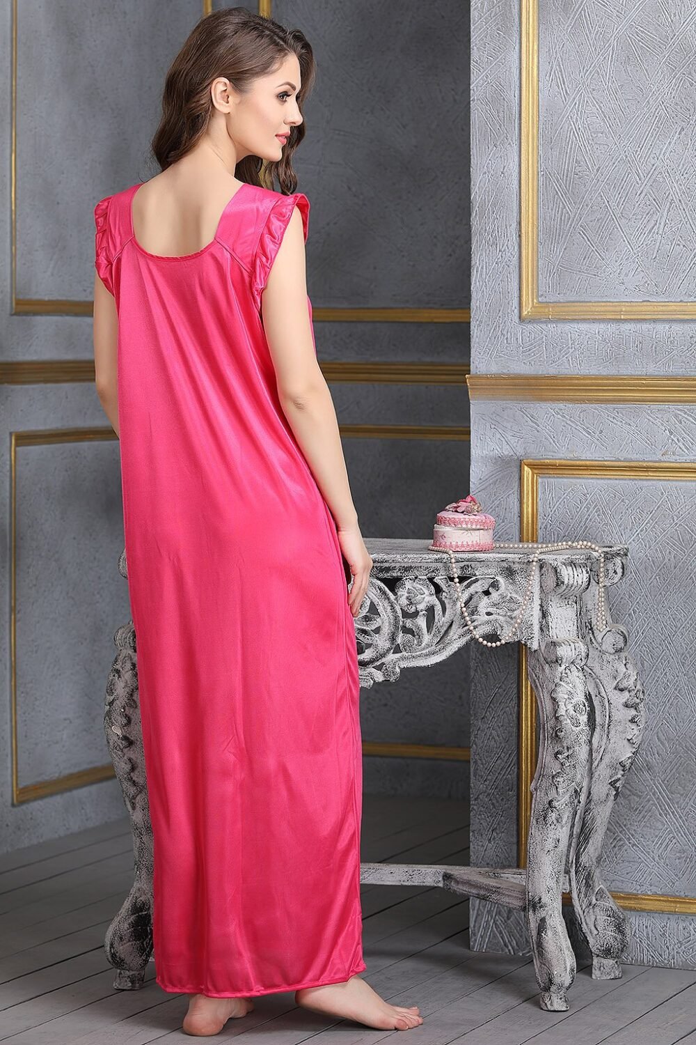 4 Pcs Satin Nightwear In Reddish Pink - Robe, Nightie, Top, Capri - Image 5